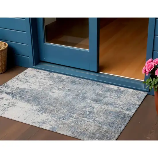 Blue And Ivory Abstract Washable Indoor Outdoor Area Rug Photo 2
