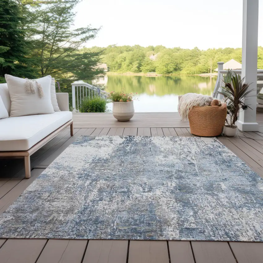 Blue And Ivory Abstract Washable Indoor Outdoor Area Rug Photo 5