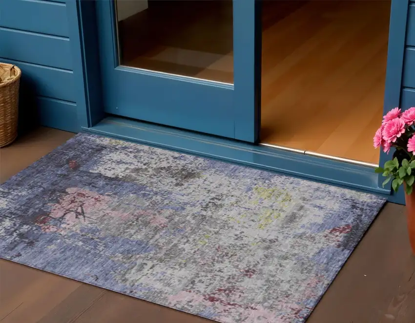 Blue And Ivory Abstract Washable Indoor Outdoor Area Rug Photo 2