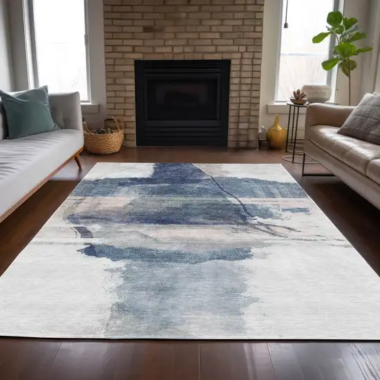 Blue And Ivory Abstract Washable Indoor Outdoor Area Rug Photo 6