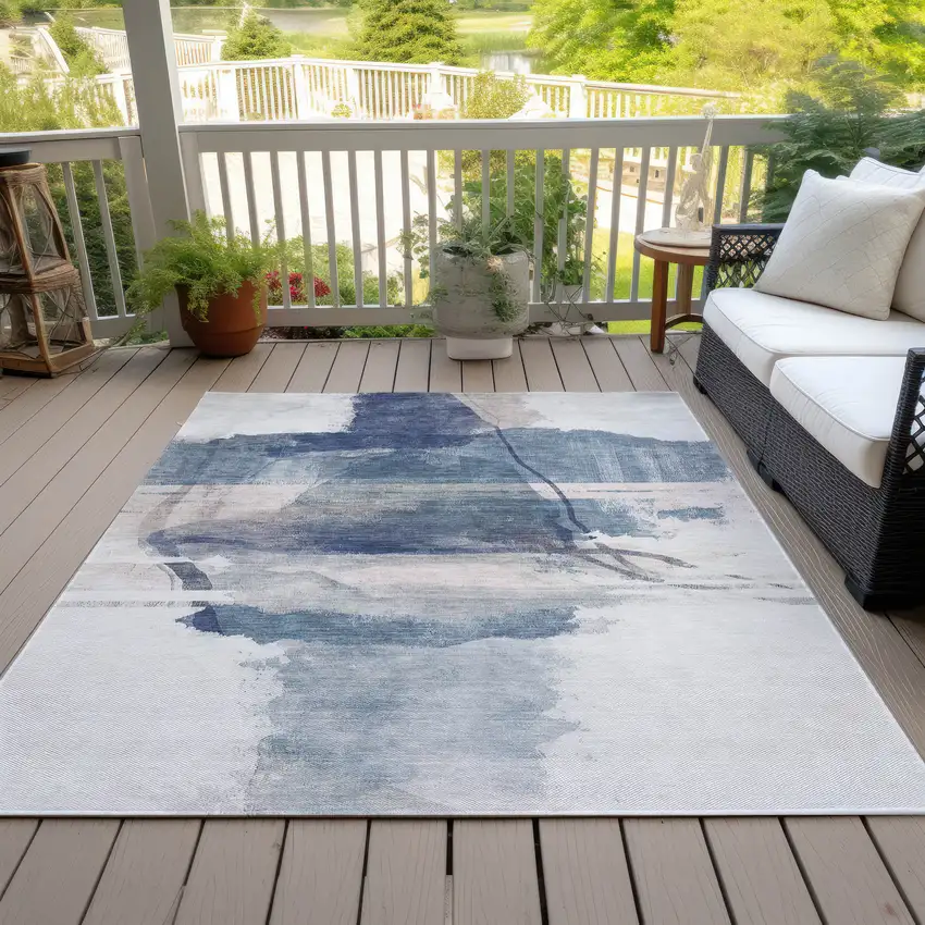 Blue And Ivory Abstract Washable Indoor Outdoor Area Rug Photo 7