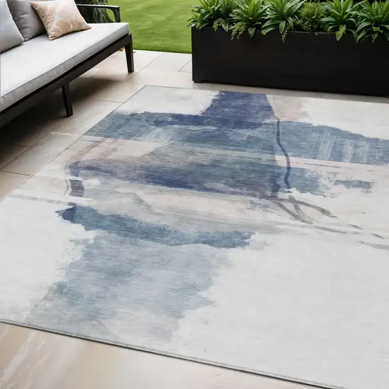 Blue And Ivory Abstract Washable Indoor Outdoor Area Rug Photo 2