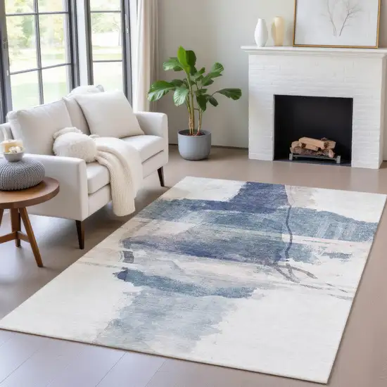 Blue And Ivory Abstract Washable Indoor Outdoor Area Rug Photo 5