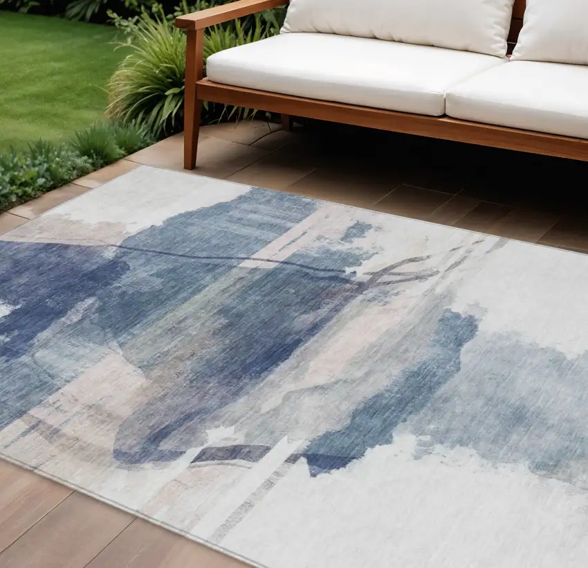 Blue And Ivory Abstract Washable Indoor Outdoor Area Rug Photo 2
