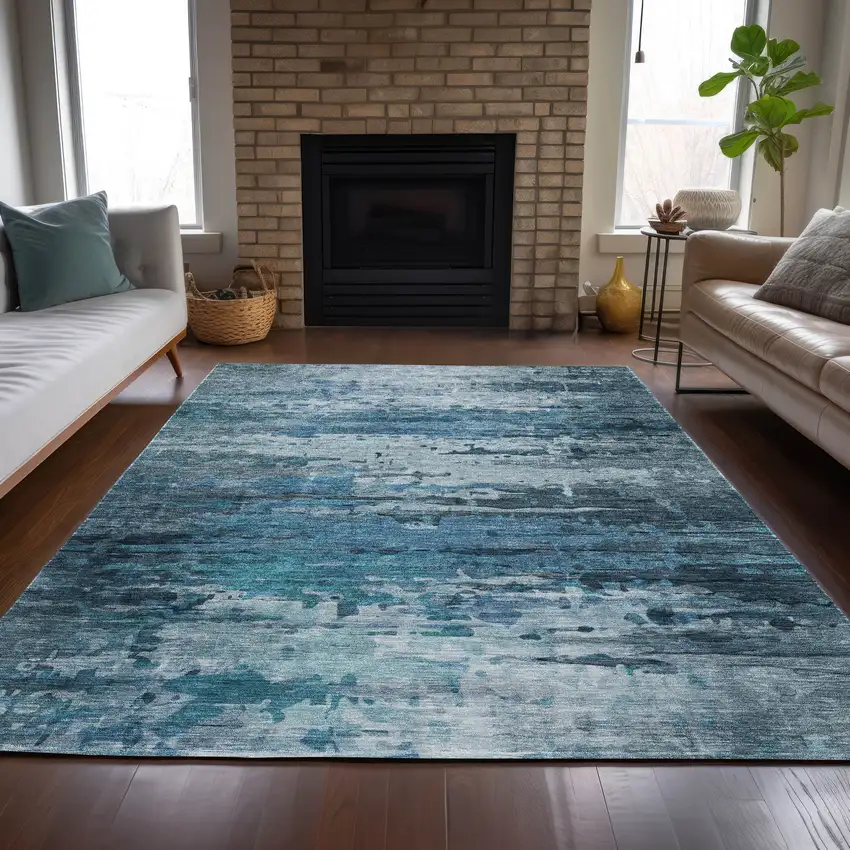 Blue And Ivory Abstract Washable Indoor Outdoor Area Rug Photo 6