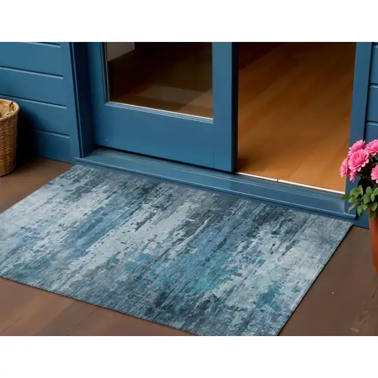 Blue And Ivory Abstract Washable Indoor Outdoor Area Rug Photo 2