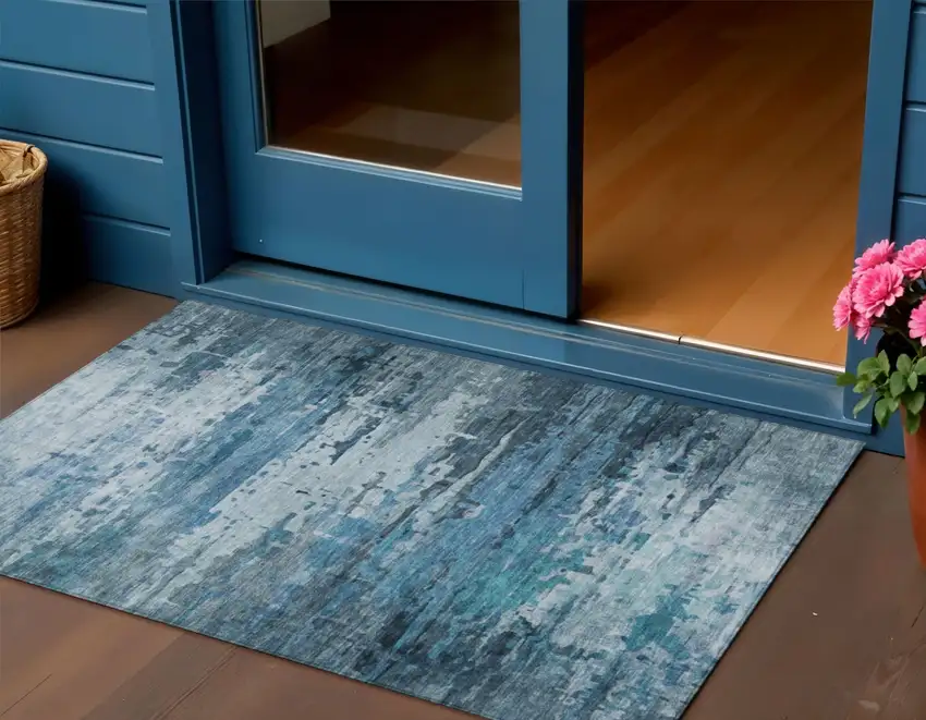 Blue And Ivory Abstract Washable Indoor Outdoor Area Rug Photo 2