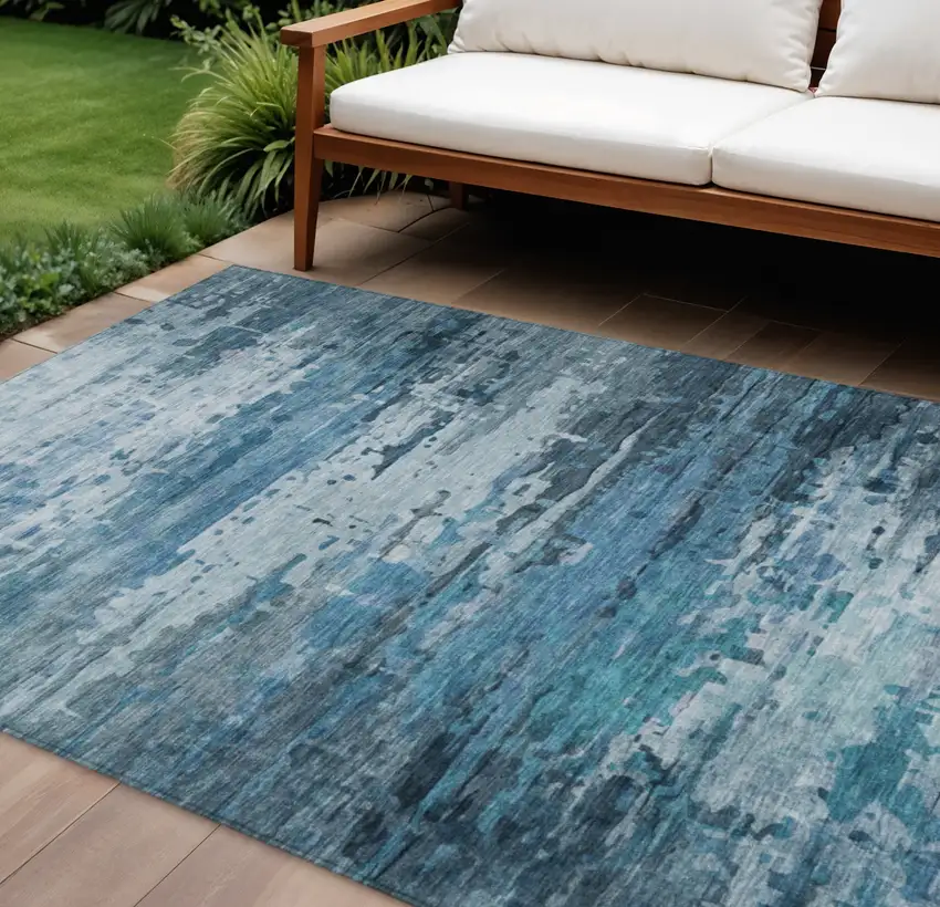 Blue And Ivory Abstract Washable Indoor Outdoor Area Rug Photo 2
