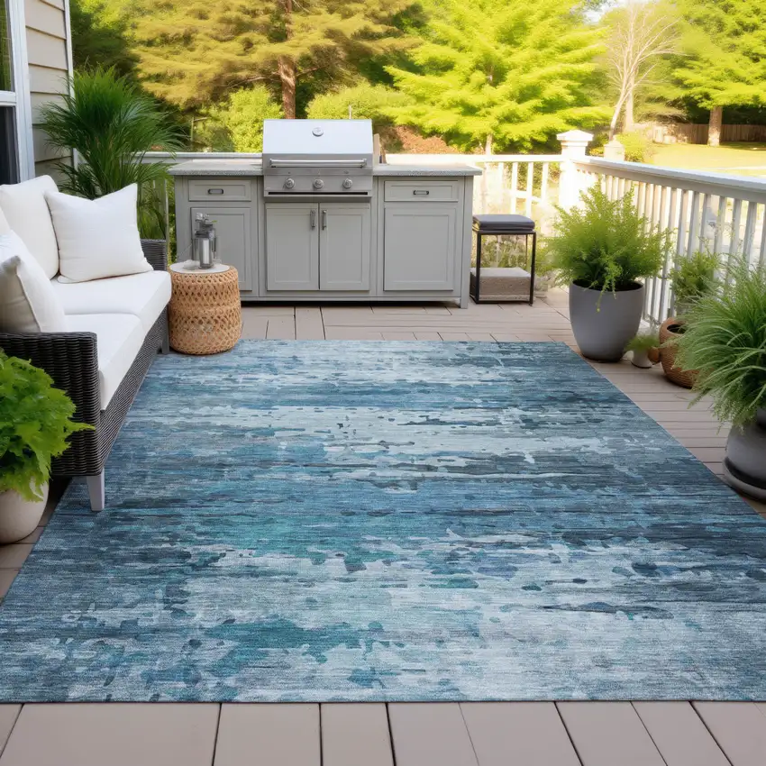 Blue And Ivory Abstract Washable Indoor Outdoor Area Rug Photo 4