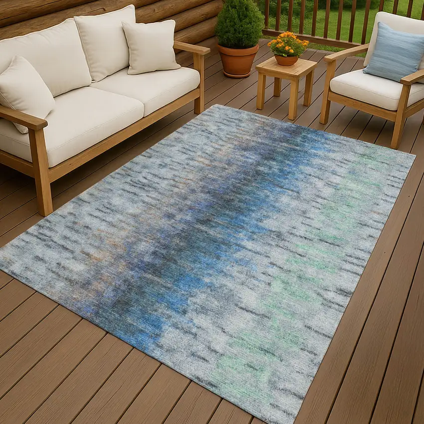 Blue And Ivory Abstract Washable Indoor Outdoor Area Rug Photo 9