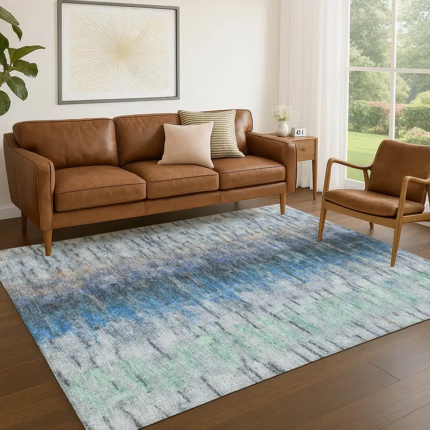 Blue And Ivory Abstract Washable Indoor Outdoor Area Rug Photo 9