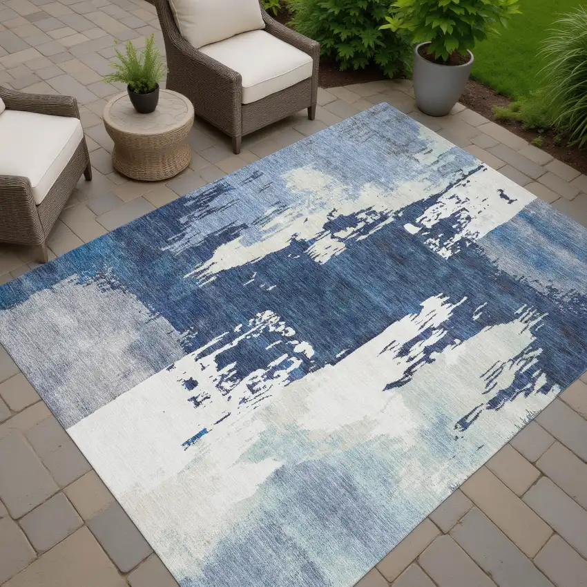 Blue And Ivory Abstract Washable Indoor Outdoor Area Rug Photo 8