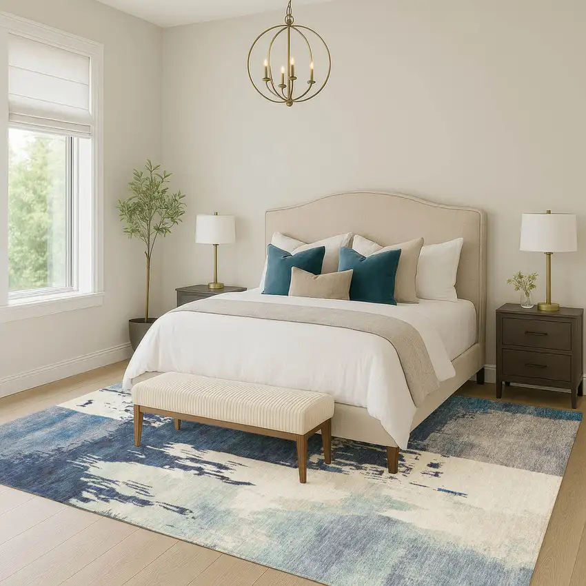 Blue And Ivory Abstract Washable Indoor Outdoor Area Rug Photo 9