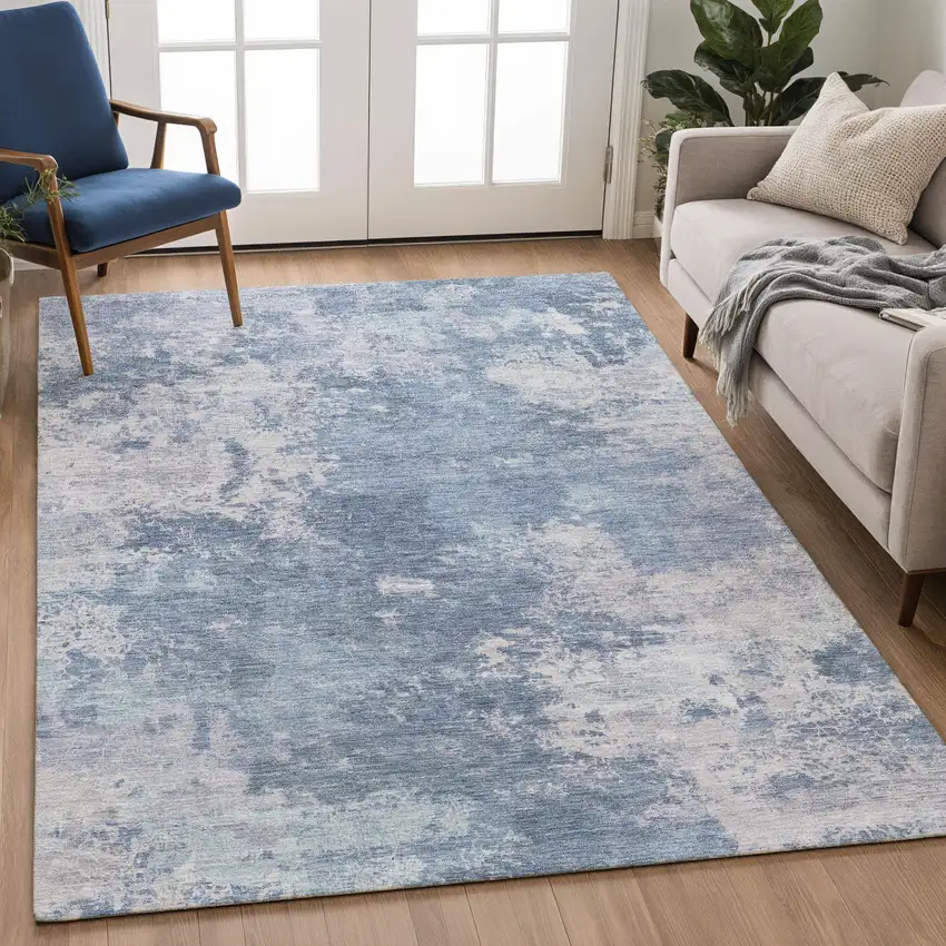 Blue And Ivory Abstract Washable Indoor Outdoor Area Rug Photo 5