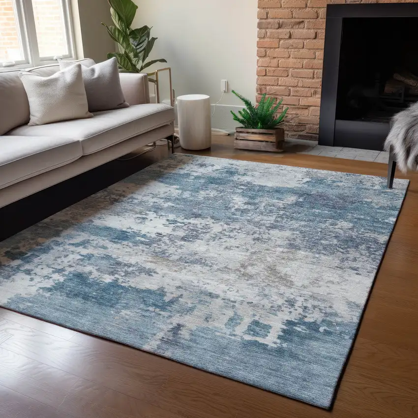 Blue And Ivory Abstract Washable Indoor Outdoor Area Rug Photo 5