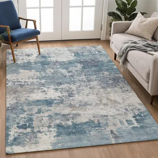 Blue And Ivory Abstract Washable Indoor Outdoor Area Rug Photo 4