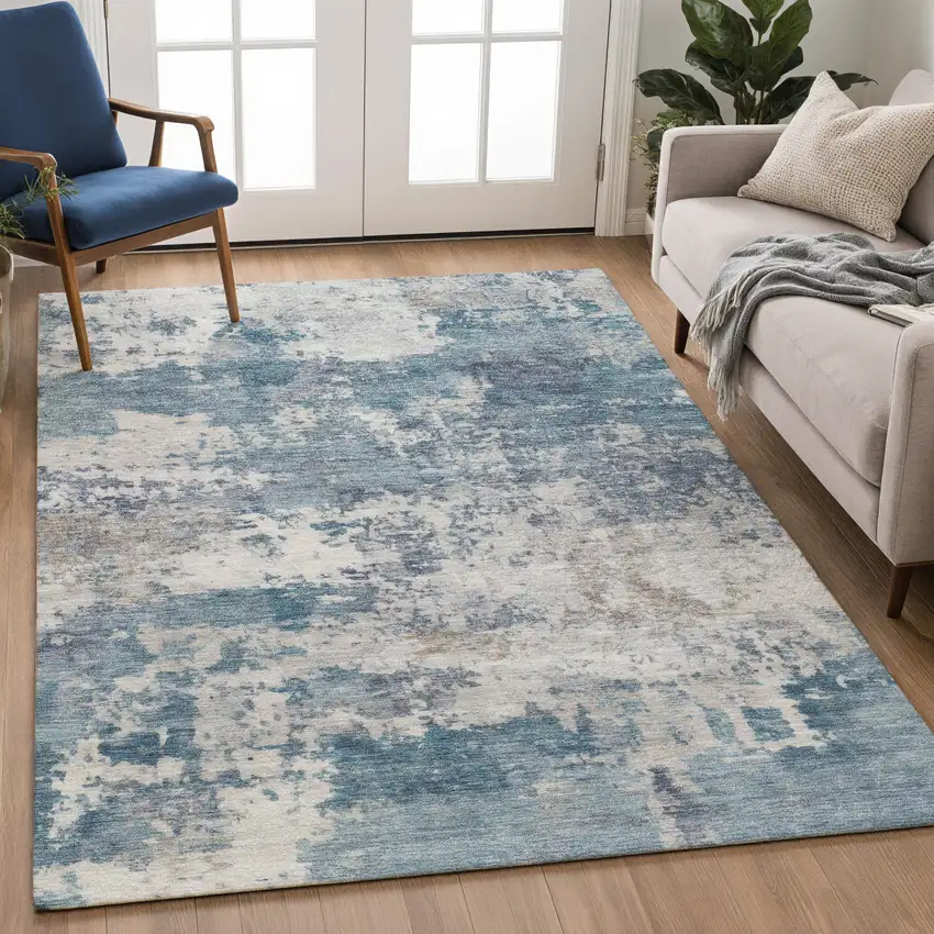 Blue And Ivory Abstract Washable Indoor Outdoor Area Rug Photo 4