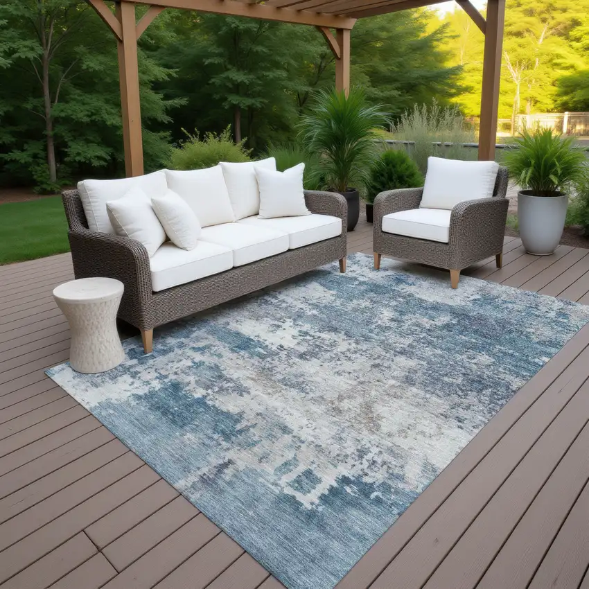Blue And Ivory Abstract Washable Indoor Outdoor Area Rug Photo 6