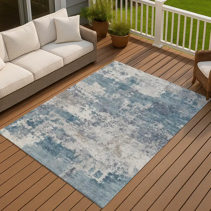 Blue And Ivory Abstract Washable Indoor Outdoor Area Rug Photo 3