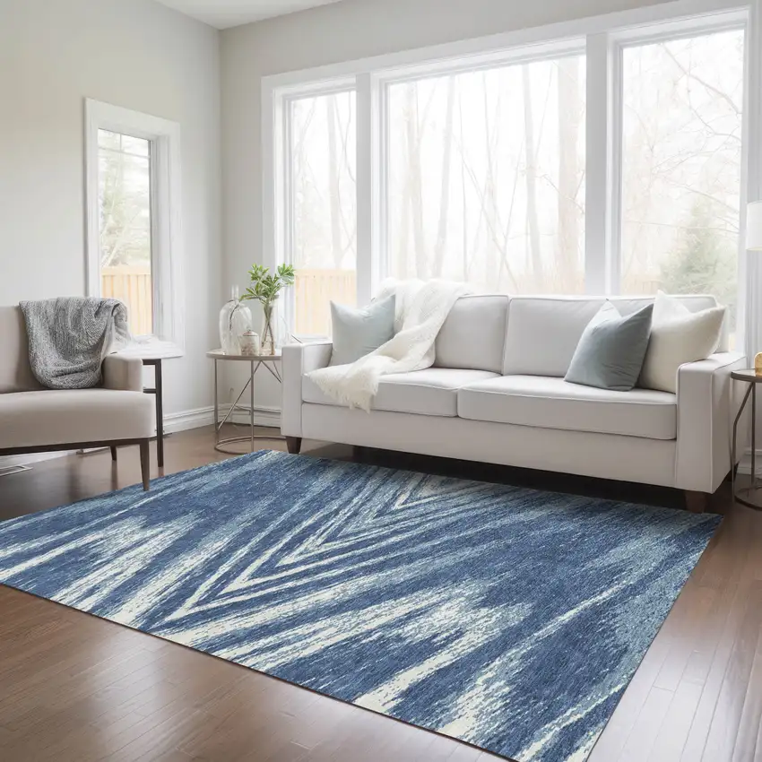 Blue And Ivory Abstract Washable Indoor Outdoor Area Rug Photo 9