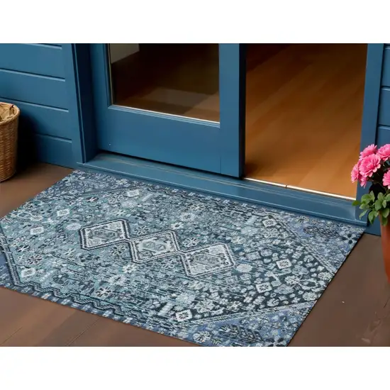 Blue And Ivory Aztec Washable Indoor Outdoor Area Rug Photo 2