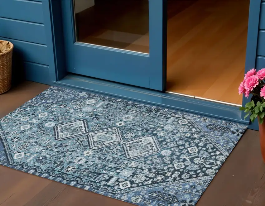 Blue And Ivory Aztec Washable Indoor Outdoor Area Rug Photo 2