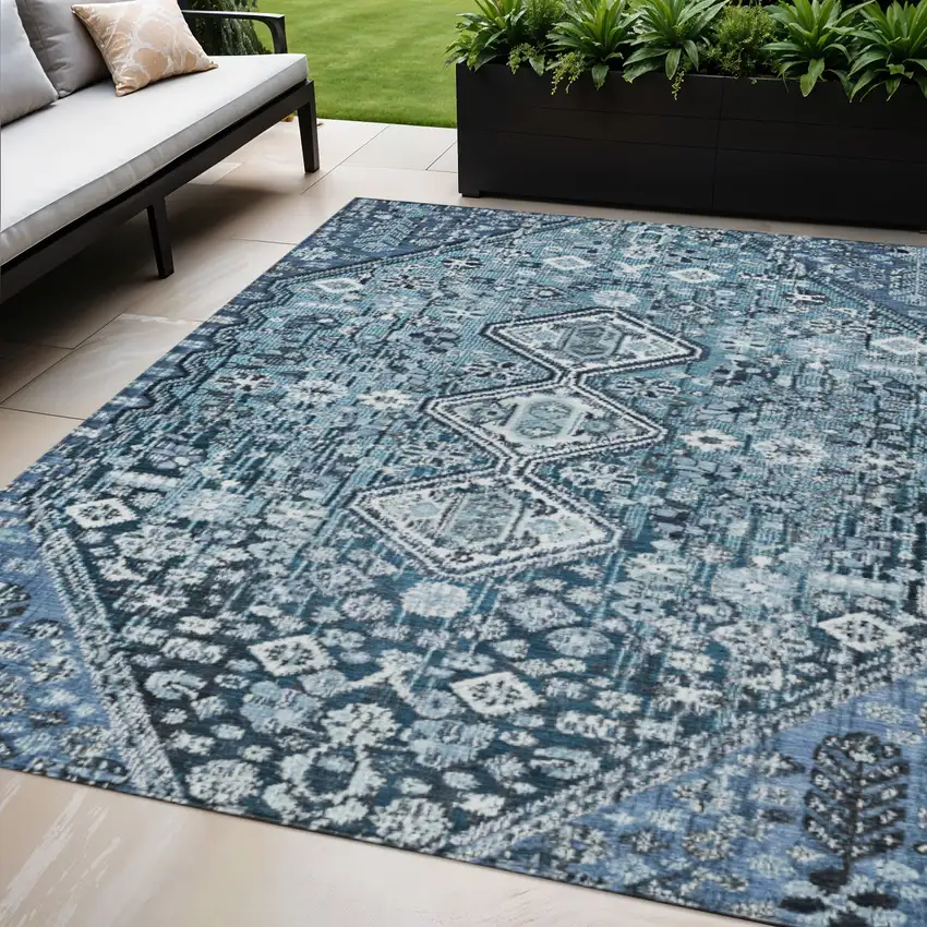 Blue And Ivory Aztec Washable Indoor Outdoor Area Rug Photo 2