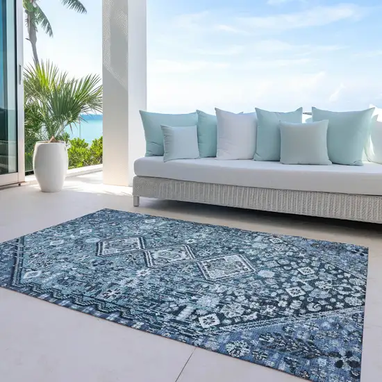 Blue And Ivory Aztec Washable Indoor Outdoor Area Rug Photo 5