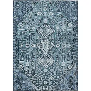 Photo of Blue And Ivory Aztec Washable Indoor Outdoor Area Rug