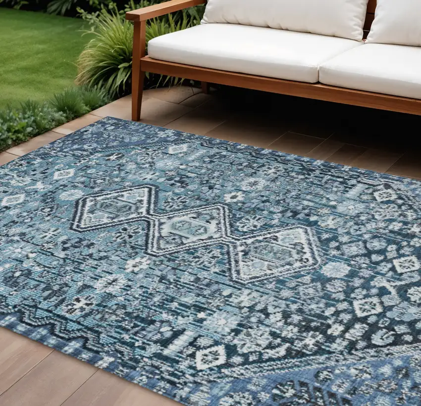 Blue And Ivory Aztec Washable Indoor Outdoor Area Rug Photo 2