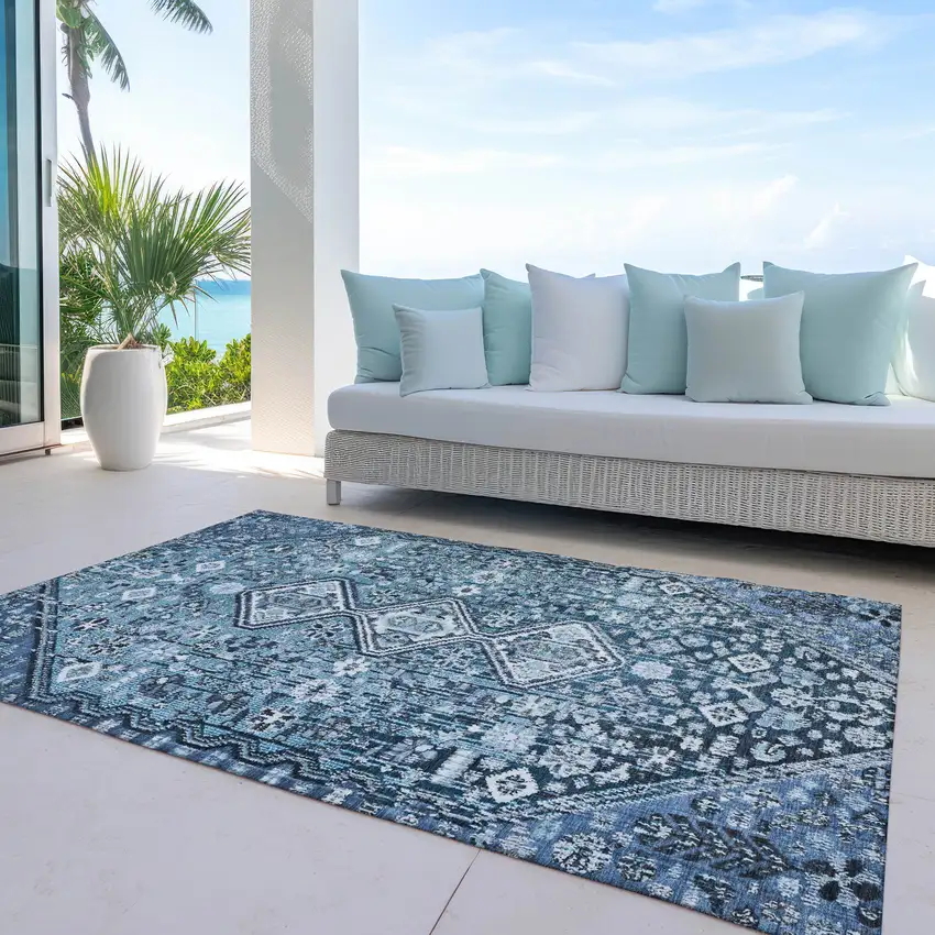 Blue And Ivory Aztec Washable Indoor Outdoor Area Rug Photo 5