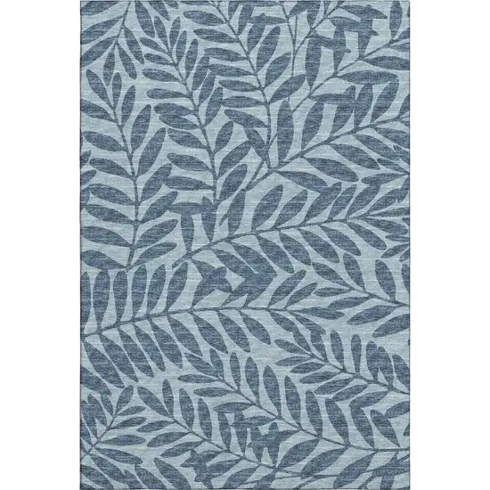 Blue And Ivory Botanical Leaves Washable Area Rug With UV Protection Photo 2