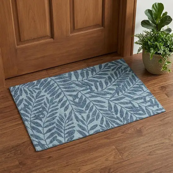 Blue And Ivory Botanical Leaves Washable Area Rug With UV Protection Photo 1