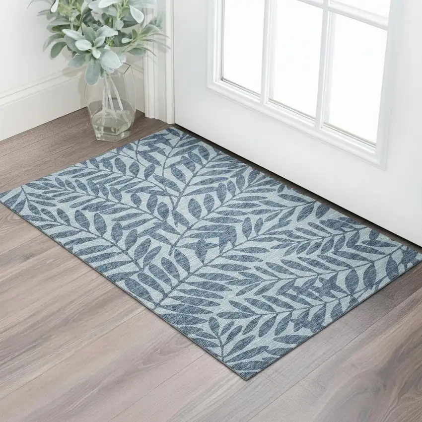 Blue And Ivory Botanical Leaves Washable Area Rug With UV Protection Photo 1