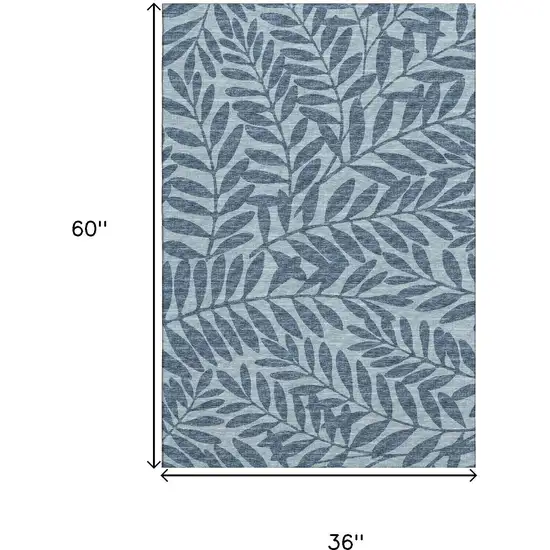 Blue And Ivory Botanical Leaves Washable Area Rug With UV Protection Photo 3