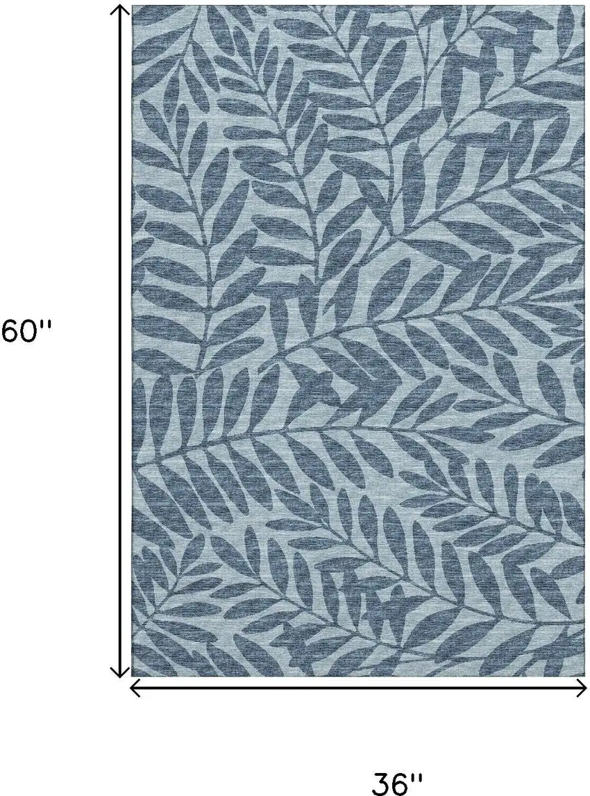 Blue And Ivory Botanical Leaves Washable Area Rug With UV Protection Photo 3