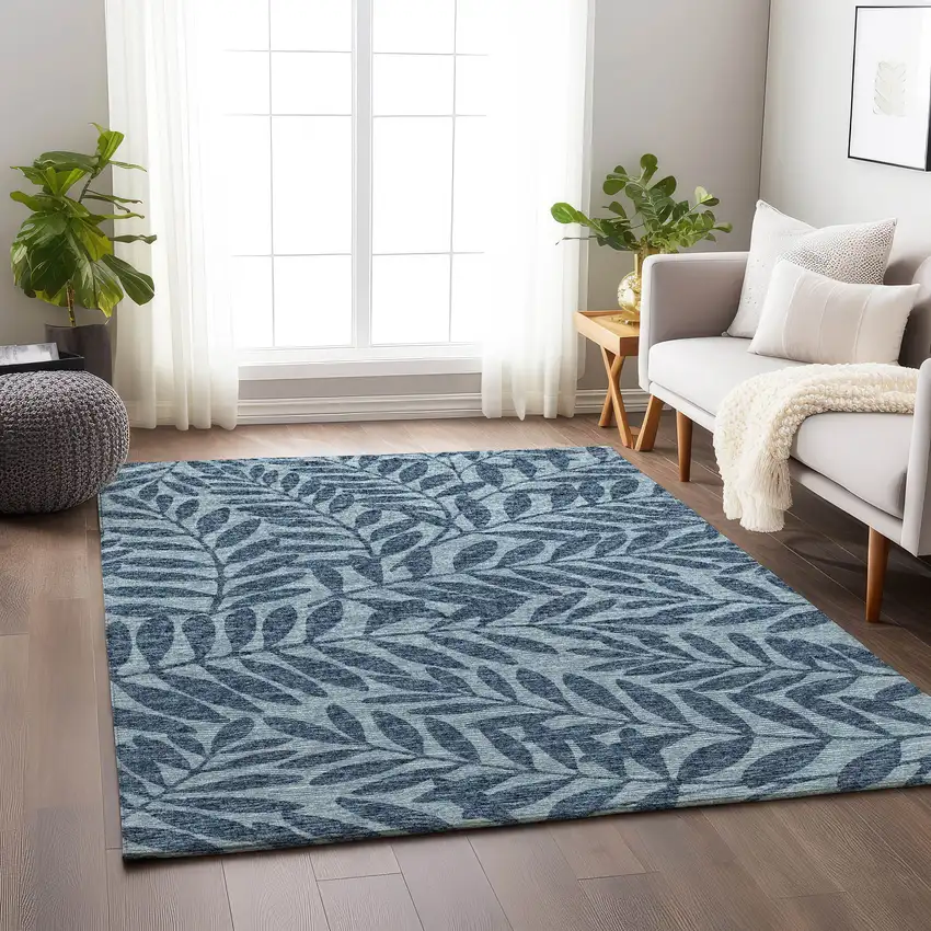 Blue And Ivory Botanical Leaves Washable Area Rug With UV Protection Photo 4