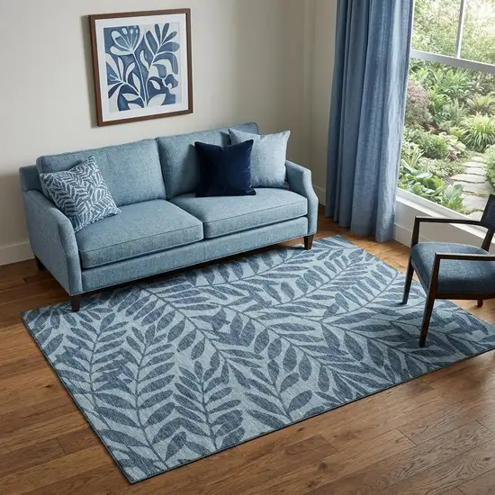 Blue And Ivory Botanical Leaves Washable Area Rug With UV Protection Photo 1