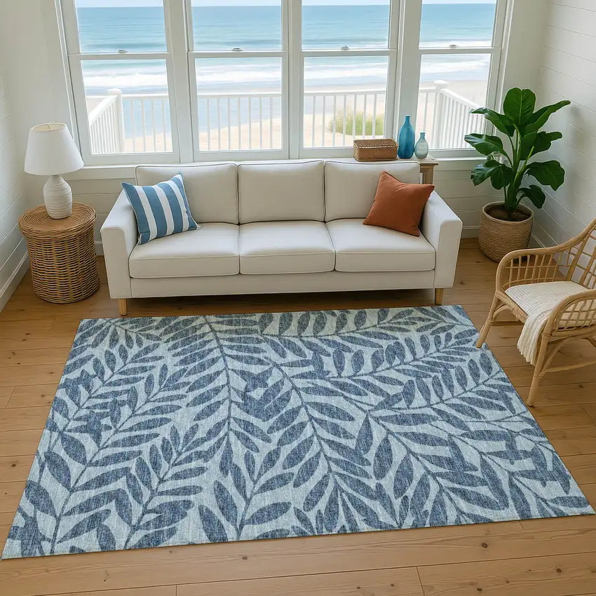 Blue And Ivory Botanical Leaves Washable Area Rug With UV Protection Photo 5