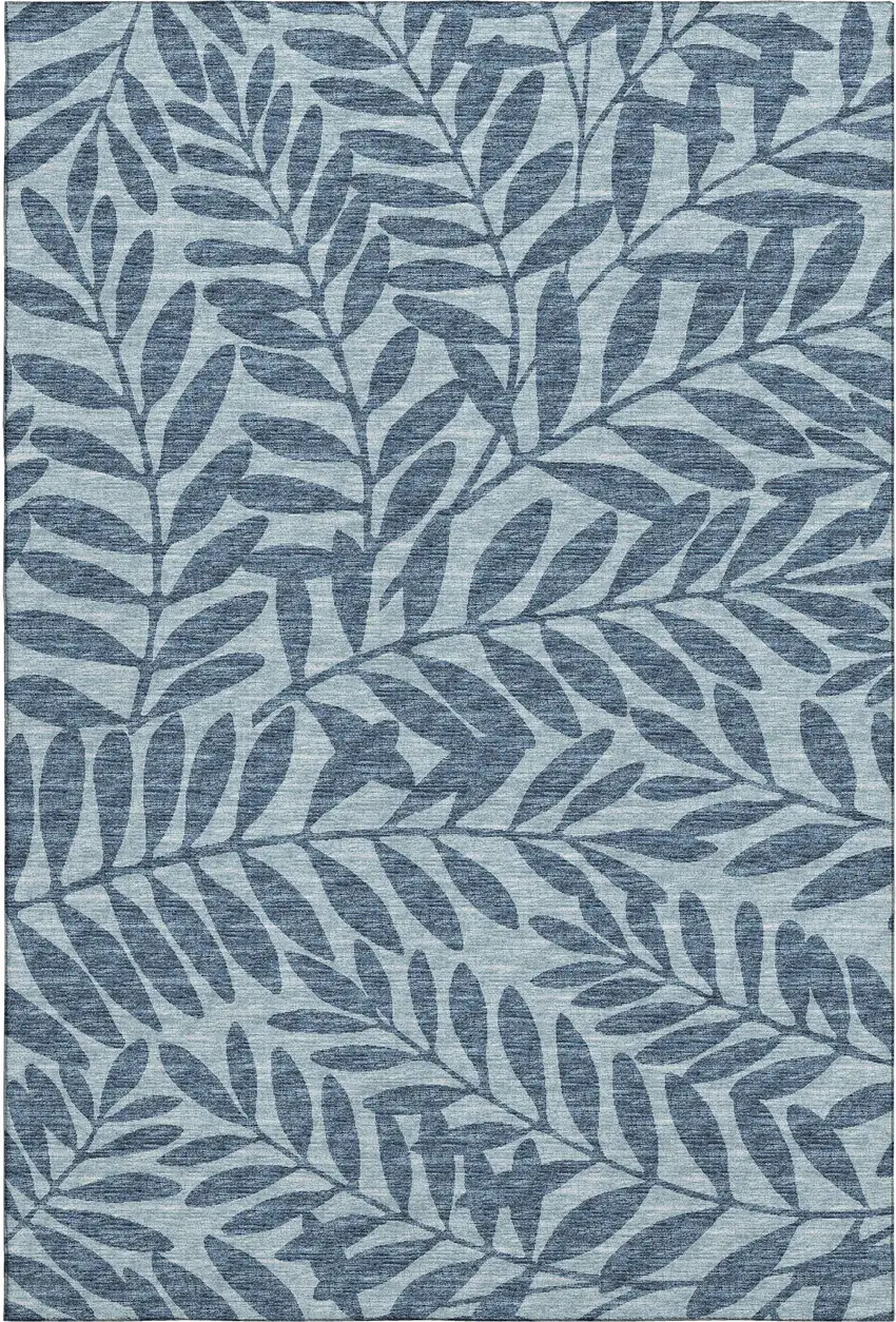 Blue And Ivory Botanical Leaves Washable Area Rug With UV Protection Photo 2