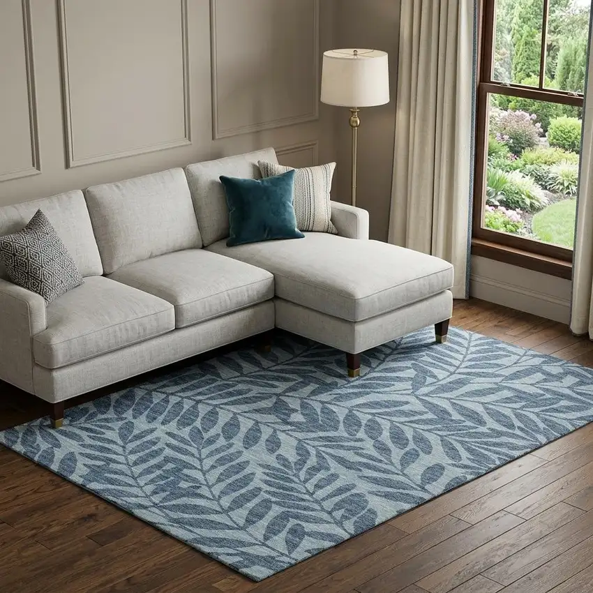 Blue And Ivory Botanical Leaves Washable Area Rug With UV Protection Photo 1