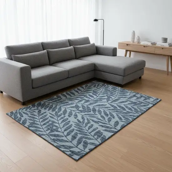 Blue And Ivory Botanical Leaves Washable Area Rug With UV Protection Photo 1