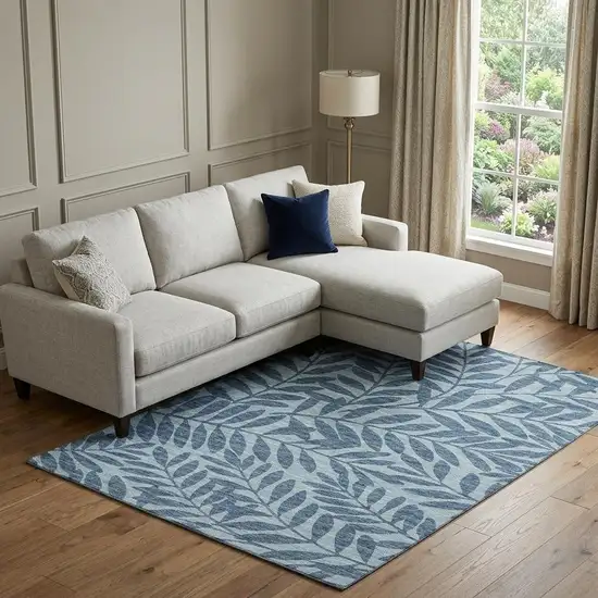 Blue And Ivory Botanical Leaves Washable Area Rug With UV Protection Photo 1
