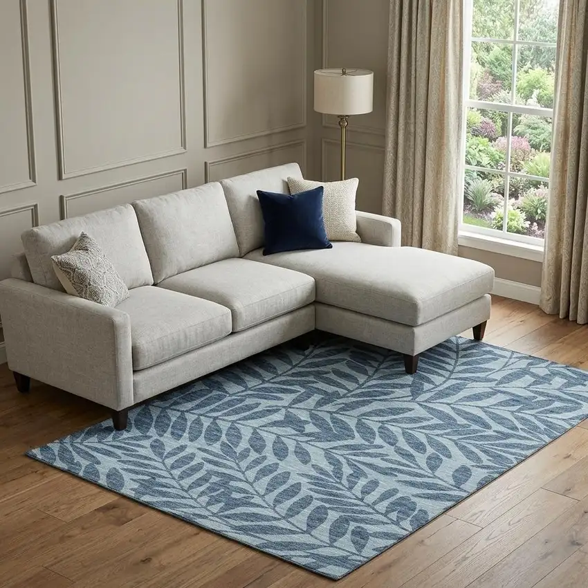 Blue And Ivory Botanical Leaves Washable Area Rug With UV Protection Photo 1