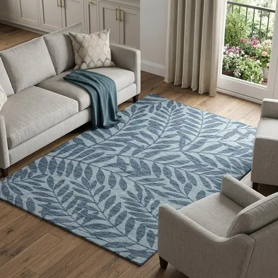 Blue And Ivory Botanical Leaves Washable Area Rug With UV Protection Photo 1