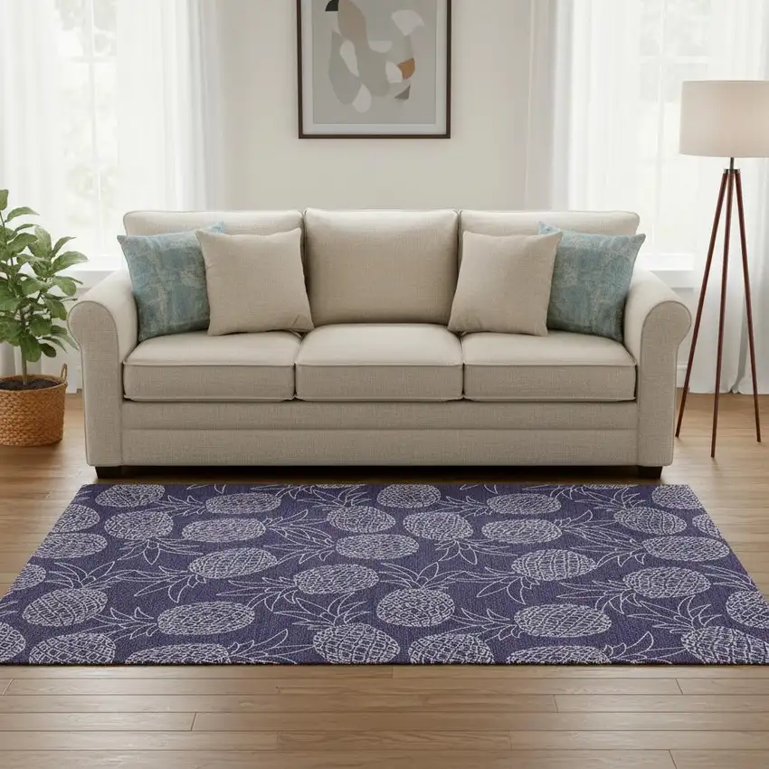 Blue And Ivory Botanical Leaves Washable Area Rug With UV Protection Photo 1