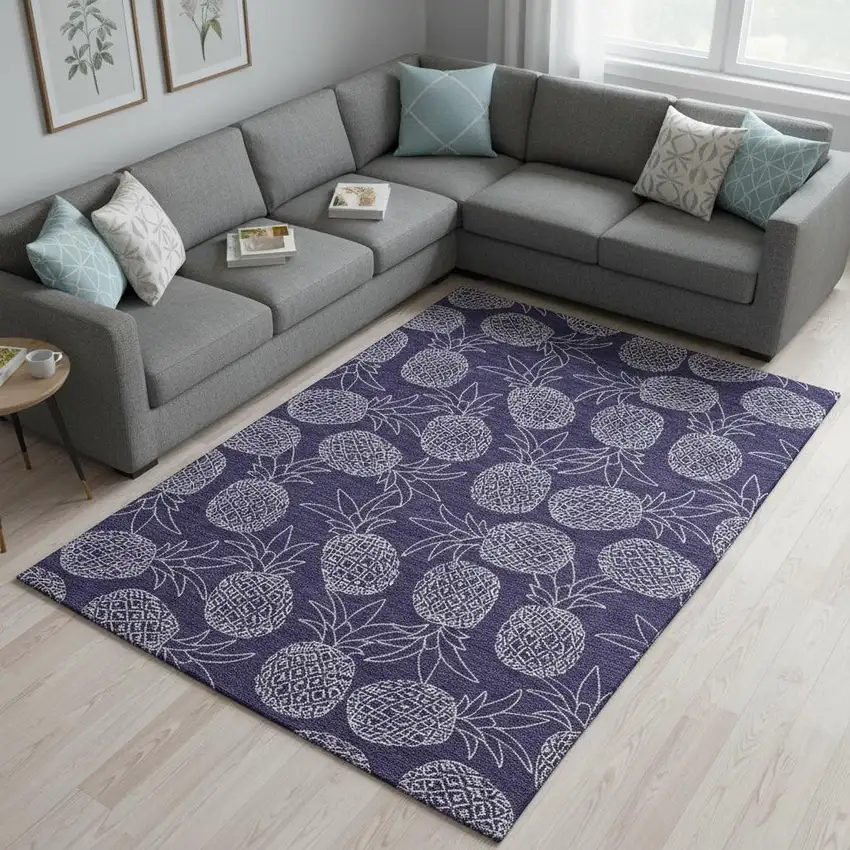 Blue And Ivory Botanical Leaves Washable Area Rug With UV Protection Photo 1