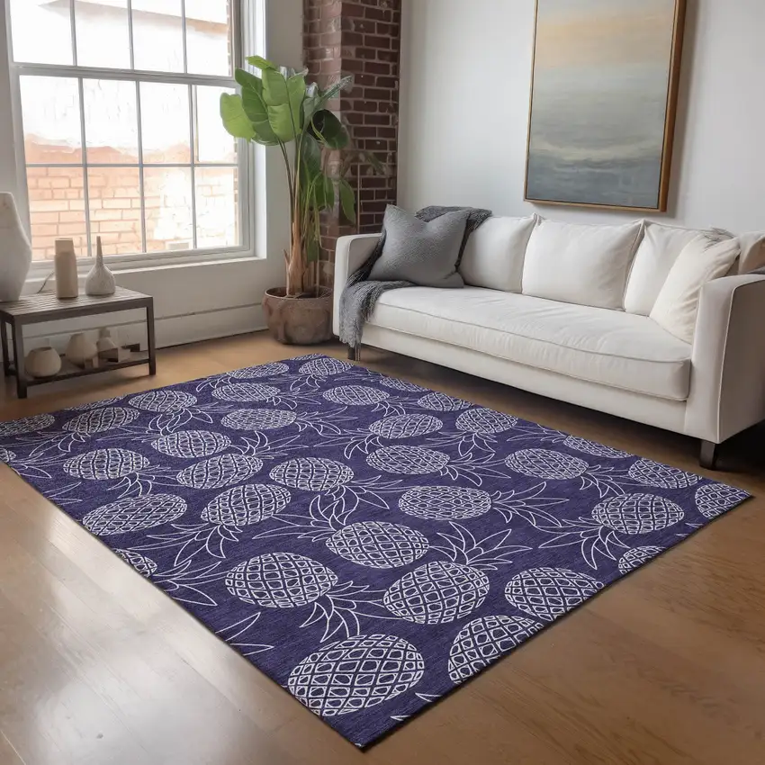 Blue And Ivory Botanical Leaves Washable Area Rug With UV Protection Photo 5