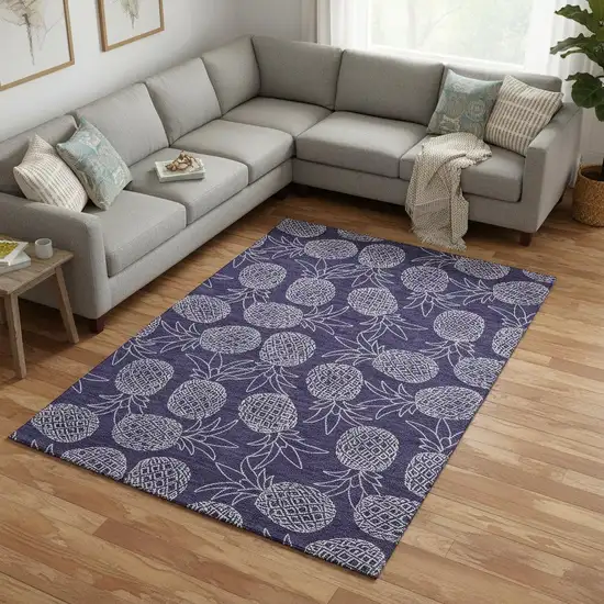Blue And Ivory Botanical Leaves Washable Area Rug With UV Protection Photo 1