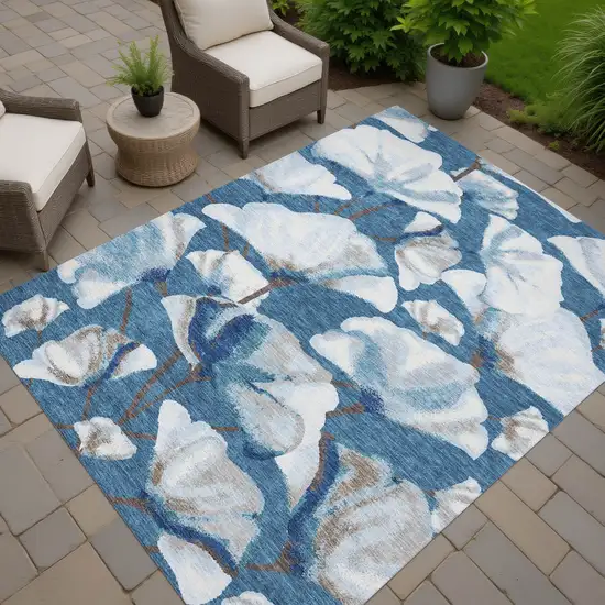 Blue And Ivory Botanical Leaves Washable Indoor Outdoor Area Rug Photo 5